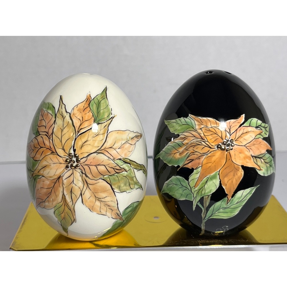 Vintage Poinsettia Floral Egg Salt & Pepper Shakers Hand Painted Ceramic